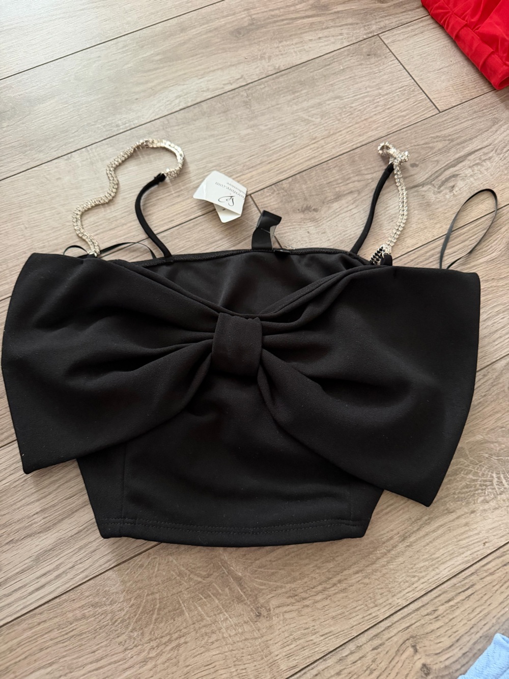 Windsor Black Bow Front Crop Top with Rhinestone Straps